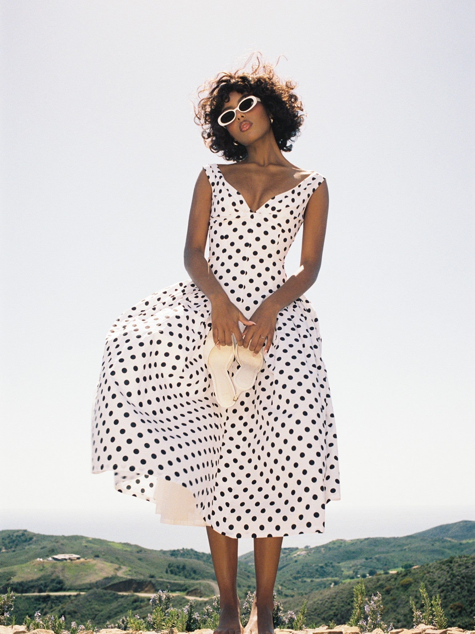 Rahma Polka Dot Drop Waist Midi Cotton Poplin Dress